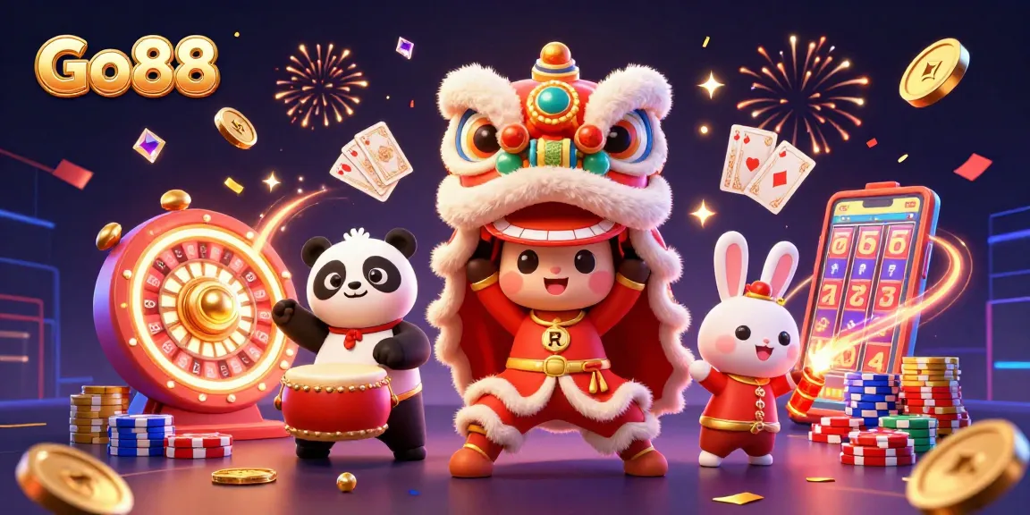 Go88 captures the excitement of online gaming with a vibrant lion dance, festive atmosphere, and casino elements.