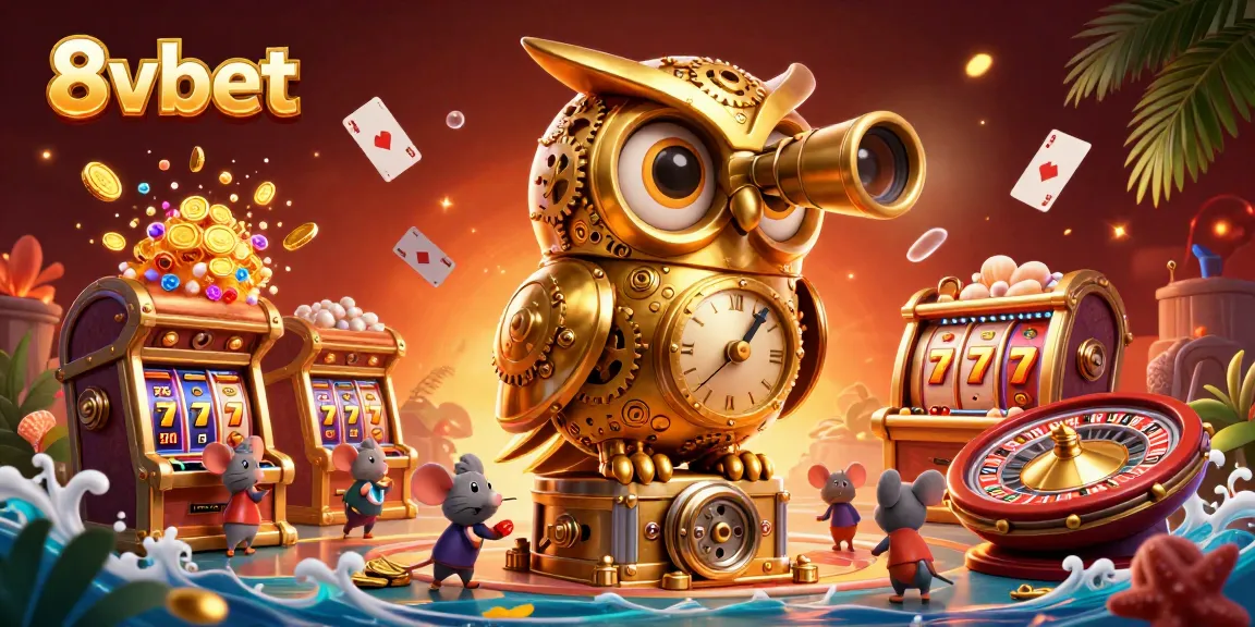 8vbet casino illustration showcasing a golden owl scanning a vibrant casino floor with slot machines and treasures.