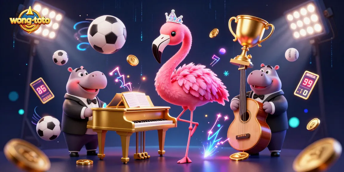wong-toto showcases an energetic casino scene with a flamingo singer and hippo bassist amidst vibrant sports elements.