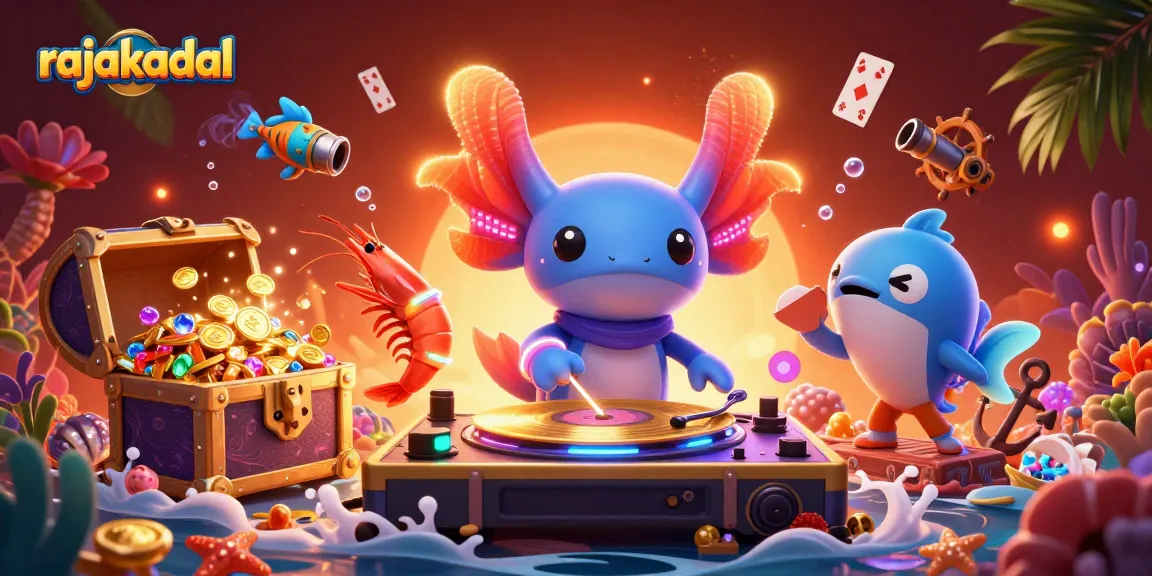 Permainan seru di rajakadal, DJ axolotl neon menerbangkan koin emas sambil memberi semangat pada penggemar dengan permainan yang menyenangkan.