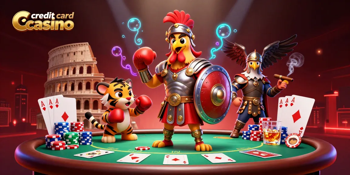 Engage with the vibrant scene of a credit card casino featuring poker elements and dynamic characters.