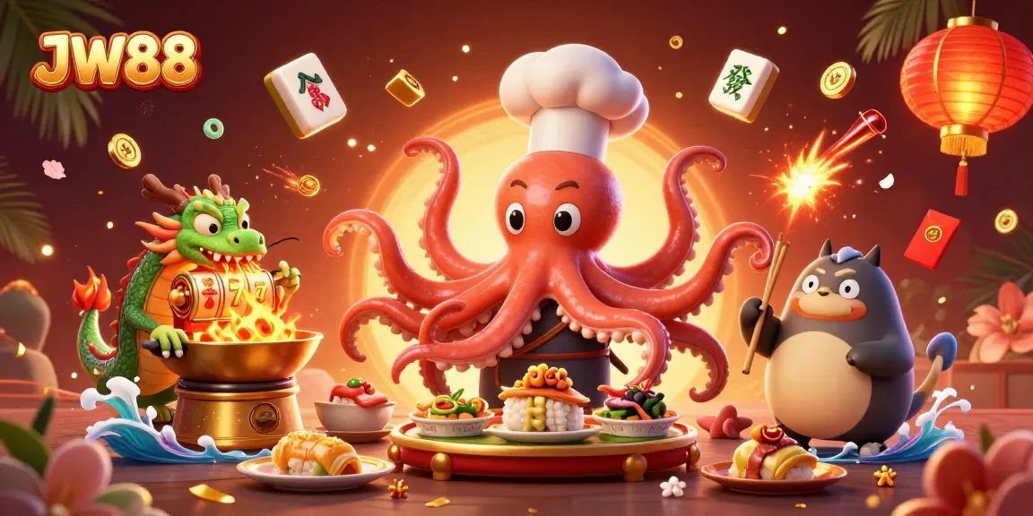 Engage with JW88's vibrant slot games and casino action in this dynamic illustration.