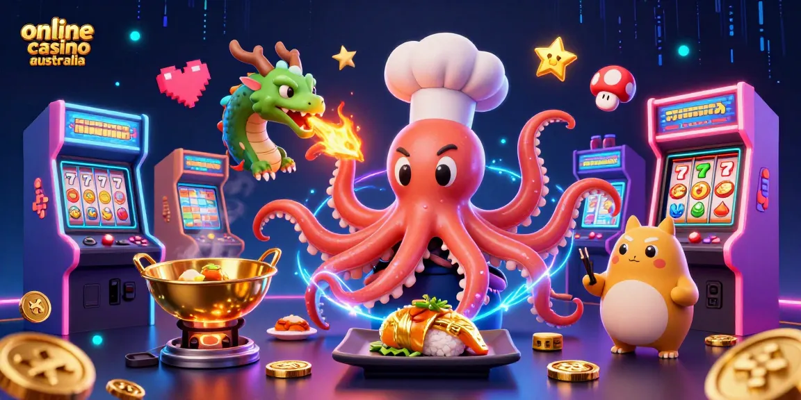Engage with excitement at online casino Australia through vibrant arcade games, sushi-themed characters, and golden treasures!