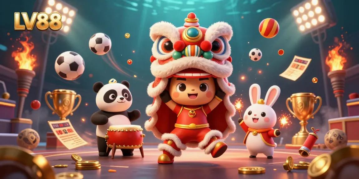 Experience the excitement at LV88 with a lively Chinese New Year scene featuring vibrant characters and dynamic sports elements.