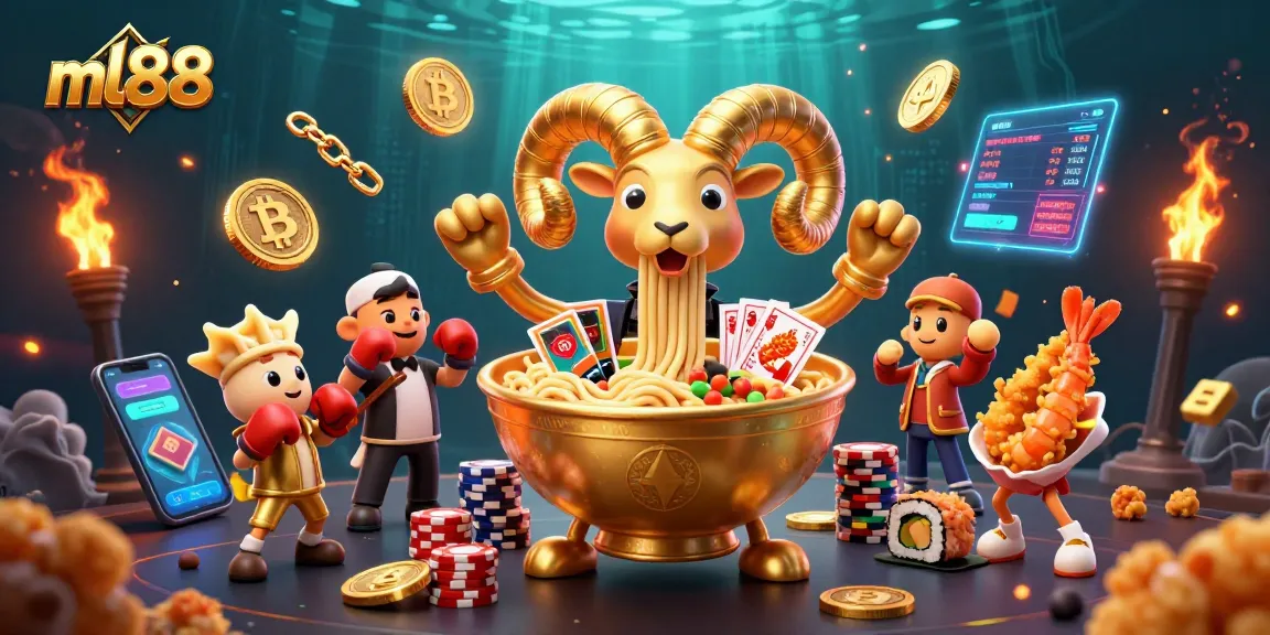 Engage in ml88 with a dynamic 3D casino scene featuring a golden ramen bowl and cryptocurrency elements.