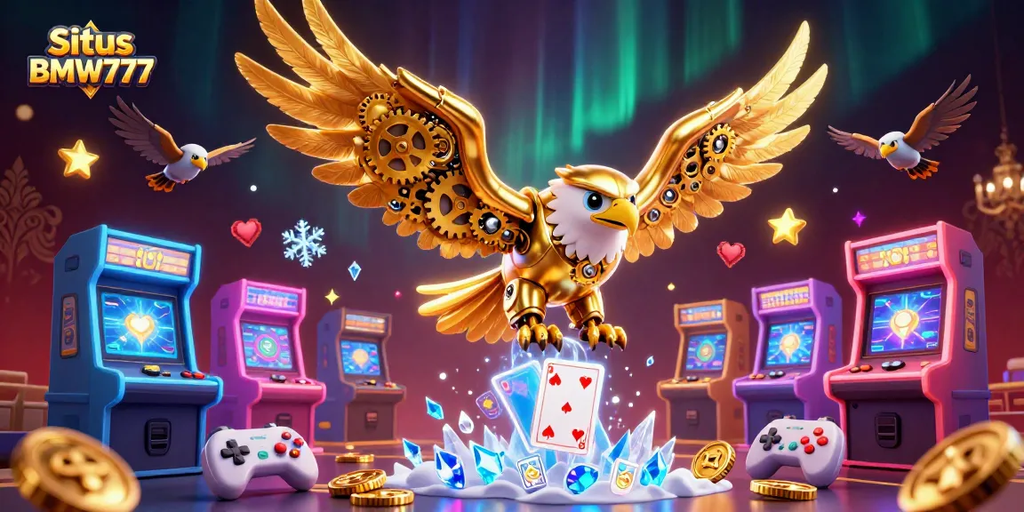 Situs BMW777 showcases a vibrant scene with a cybernetic eagle and holographic cards in a high-stakes casino.
