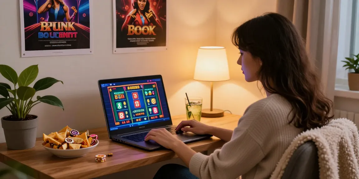 Engaging online casino scene with player enjoying mastercard casinos at home, colorful games on laptop, relaxed atmosphere.