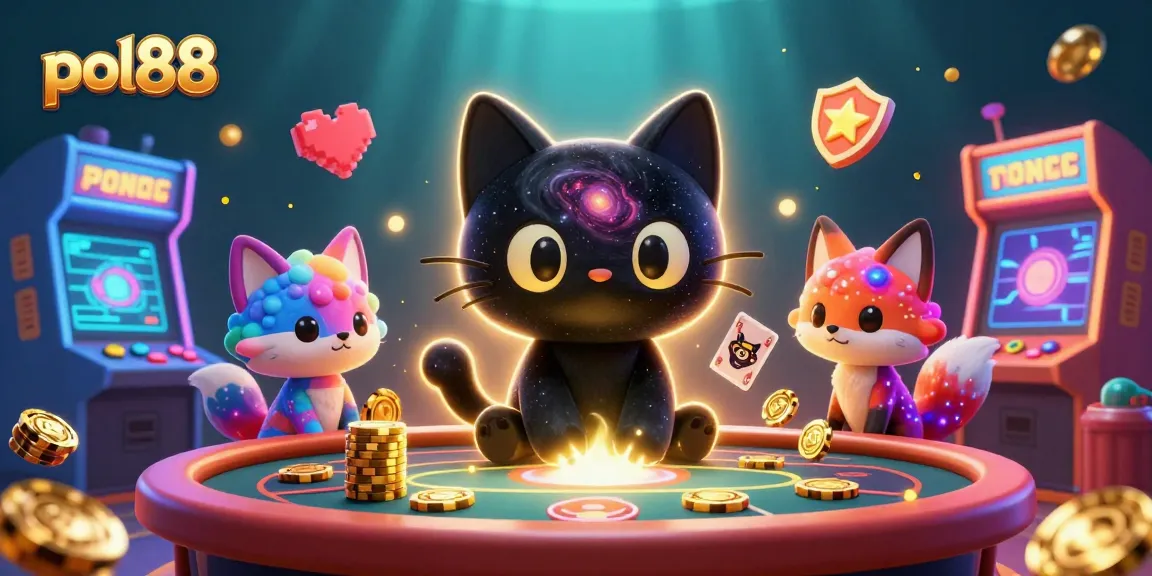 Memenangkan chip emas di kasino digital pol88 dengan karakter 3D kucing hitam dan rubah nebula.