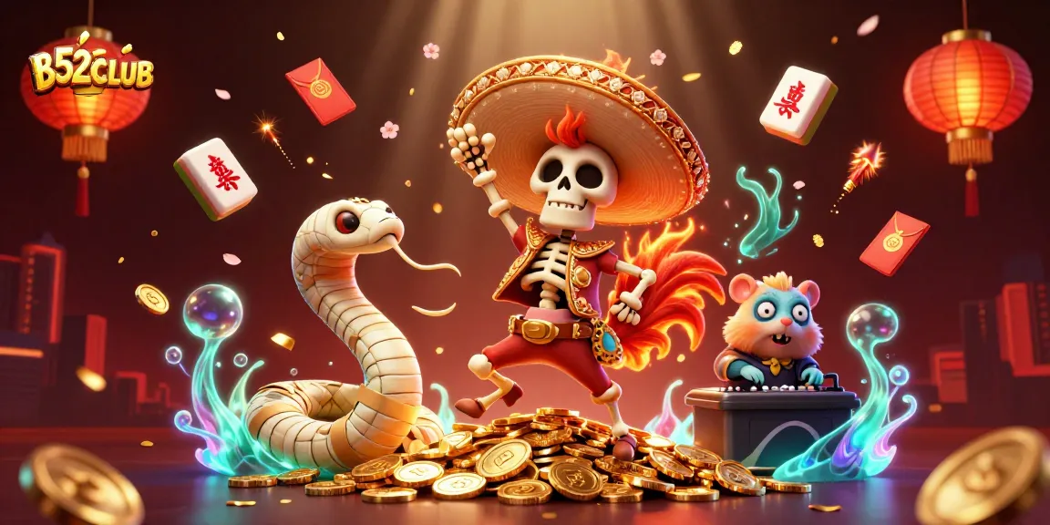 B52CLUB captures a vibrant casino scene with characters celebrating amidst golden elements and rich details.