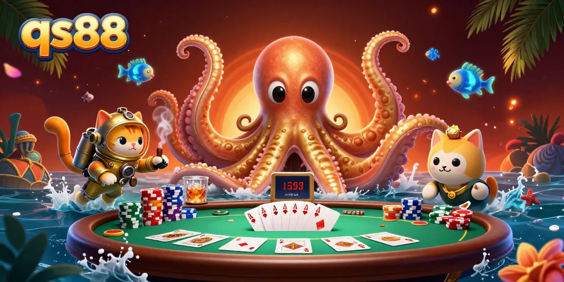 Experience exciting moments at qs88 with a vibrant scene featuring a kraken and diving cat at a poker table.